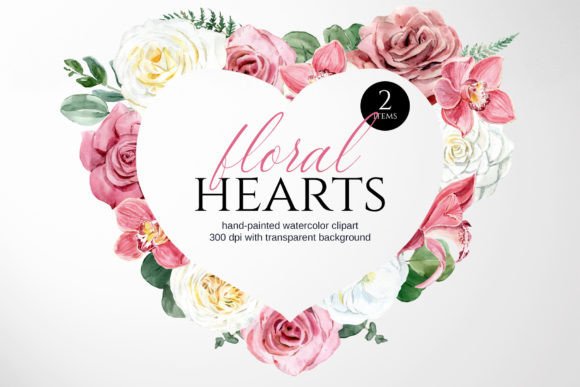 Download Watercolor Floral Hearts, Flower Bouquet - Premium Bundle